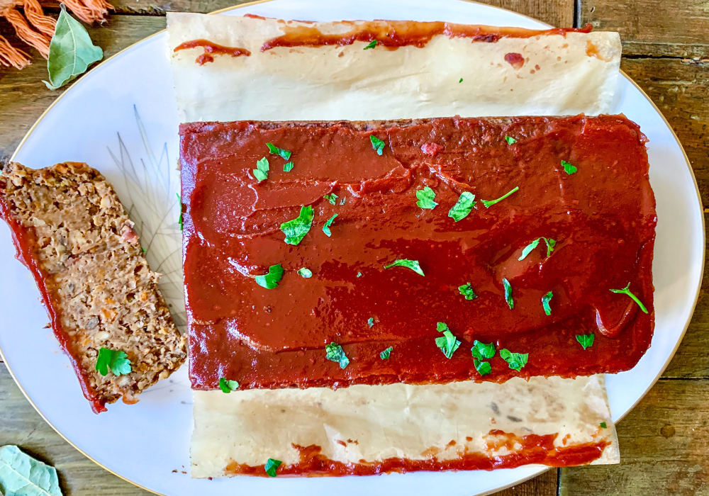 This image shows the best meatless meatloaf, completely plant-based and gluten free.
